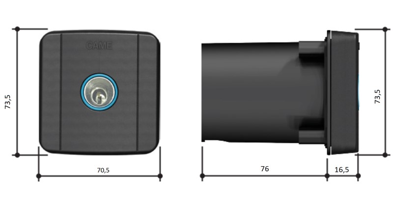 Габаритные размеры встраиваемого ключа-выключателя CAME SELD2FDG с цилиндром замка DIN и синей подсветкой